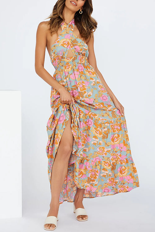 Rosiedress Criss Cross Halter Backless Cut Out Slit Floral Maxi Dress