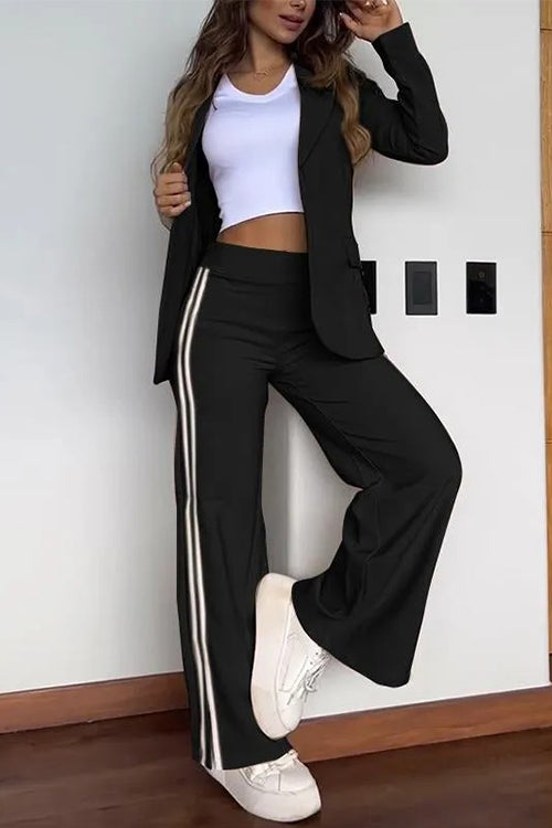 Rosiedress Color Block Open Front Blazer Elastic Waist Slit Wide Leg Pants Set