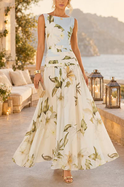 Boat Neck Sleeveless Floral Print A-line Maxi Dress