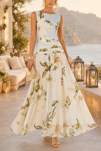Boat Neck Sleeveless Floral Print A-line Maxi Dress