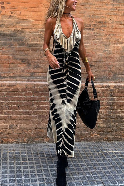 Ruffle Halter V Neck Backless Tie Dye Maxi Dress