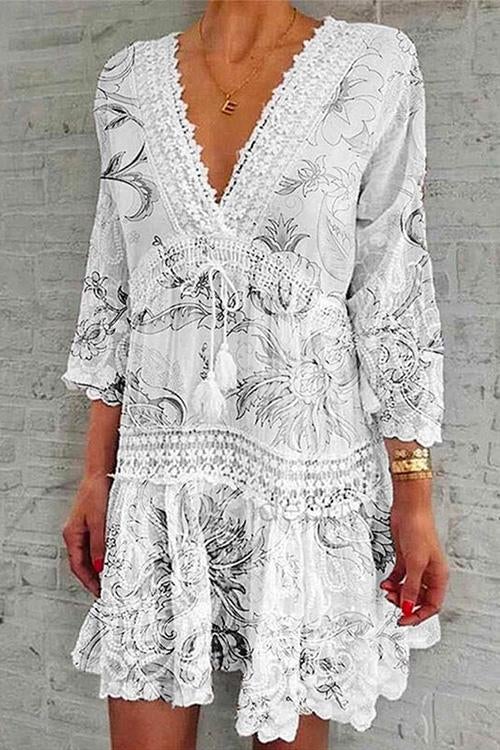 Rosiedress V Neck Lace Trim Tassel Swing Dress Gray