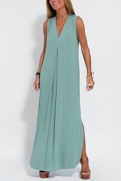 Sleeveless V Neck Side Split Maxi Dress Blue