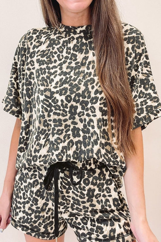 Leopard Round Neck Top And Shorts Set