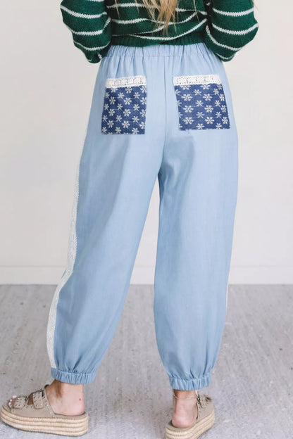 Lace Accent Floral Patched Pocket Pleated Wide Leg Slouchy Pants