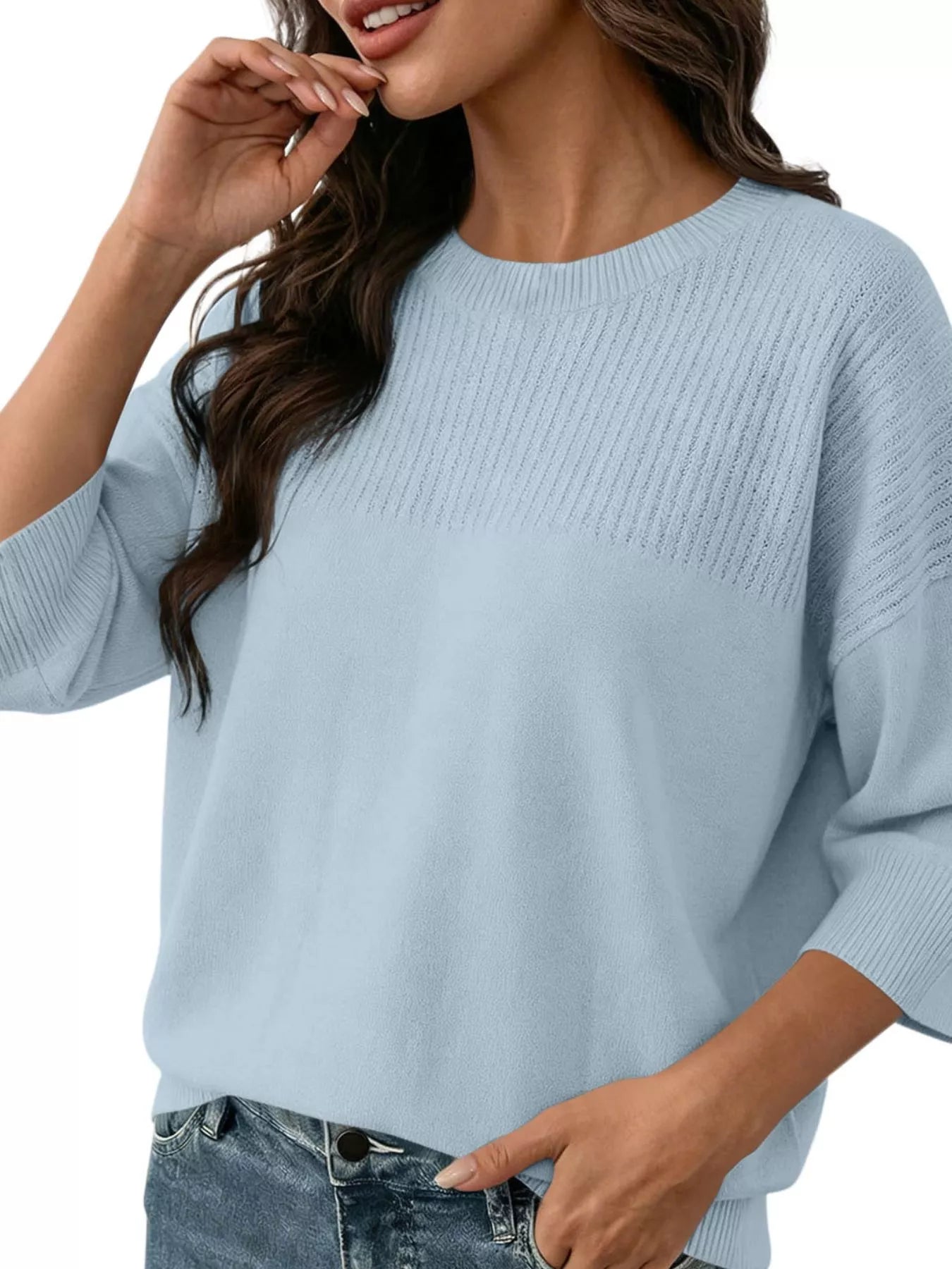Elegant Crew Neck Eyelet Ribbed Sweater