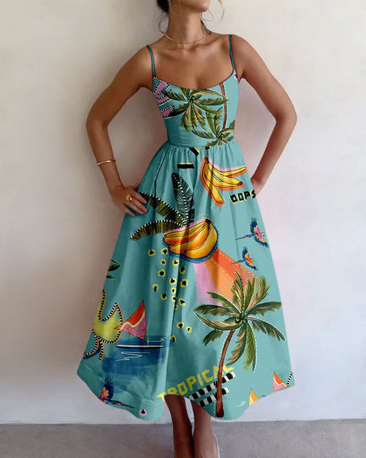 Island vacation print suspender dress