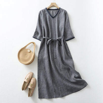 Cotton linen plaid v-neck tie casual dress