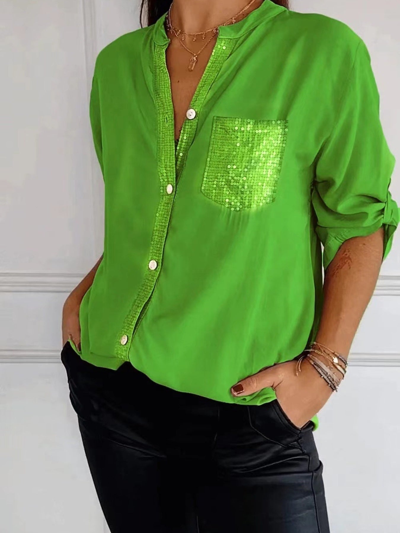 Full Size Sequin Detail Button-Down Shirt Plus Size