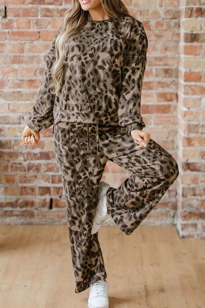 Leopard Print Long Sleeve Top and Pants Set