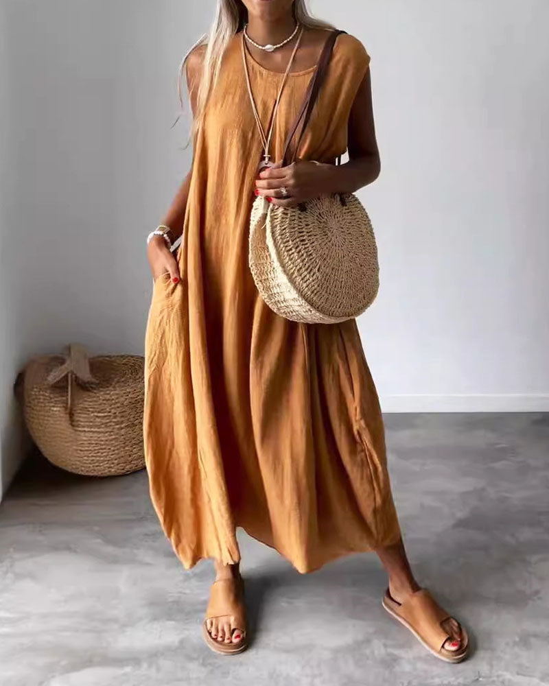 Casual Cotton And Linen Solid Color Pocket Long Sleeveless Dress