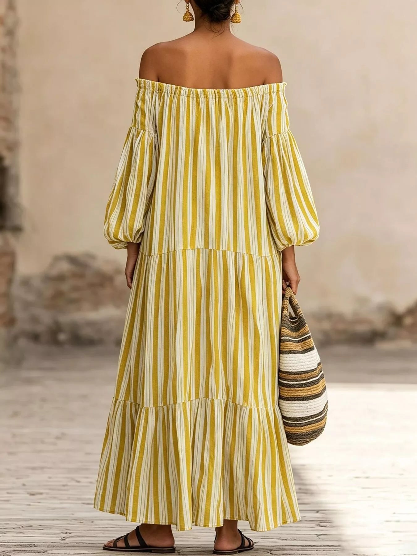 Off-Shoulder Striped Maxi Dress