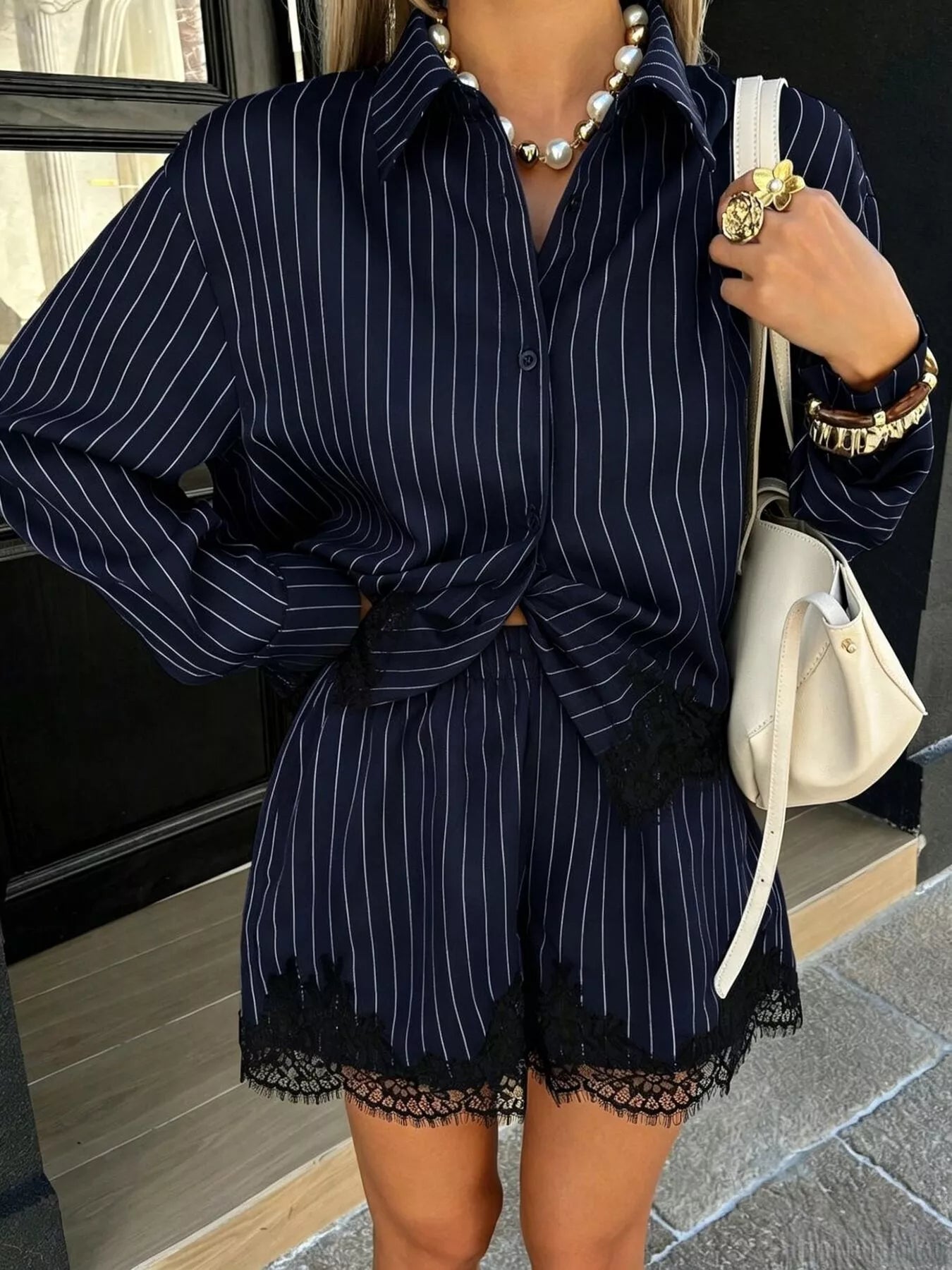 Lace Trim Striped Button-Down Shirt and Shorts Set