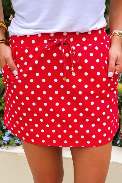 Fiery Red Polka Dot Drawstring Casual Mini Skort