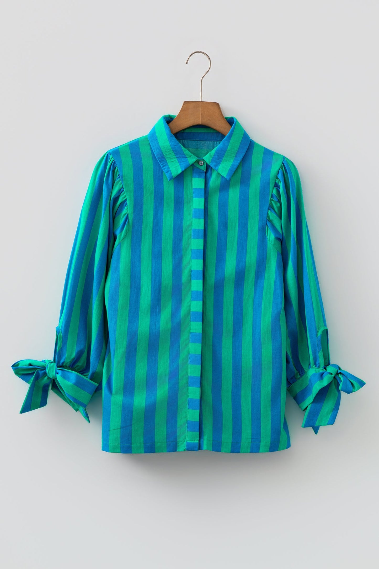 Blue Stripe Tie Puff Sleeve Womens Button Down Shirt