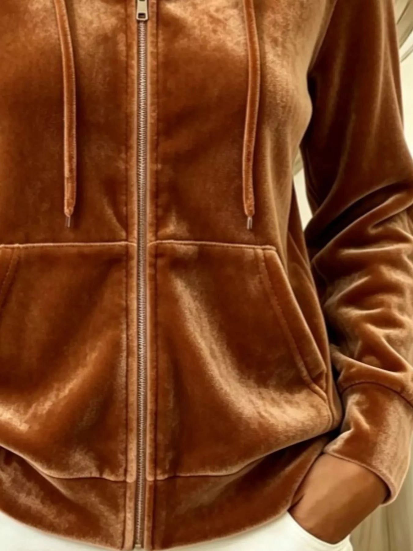 Full Size Velvet Zip-Up Hoodie with Drawstring Plus Size