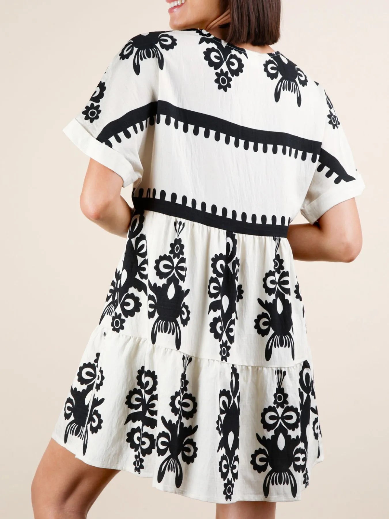 Printed V-Neck Short Sleeve Mini Dress