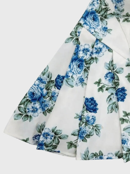 Pleated Floral Print Square Neck Mini Dress