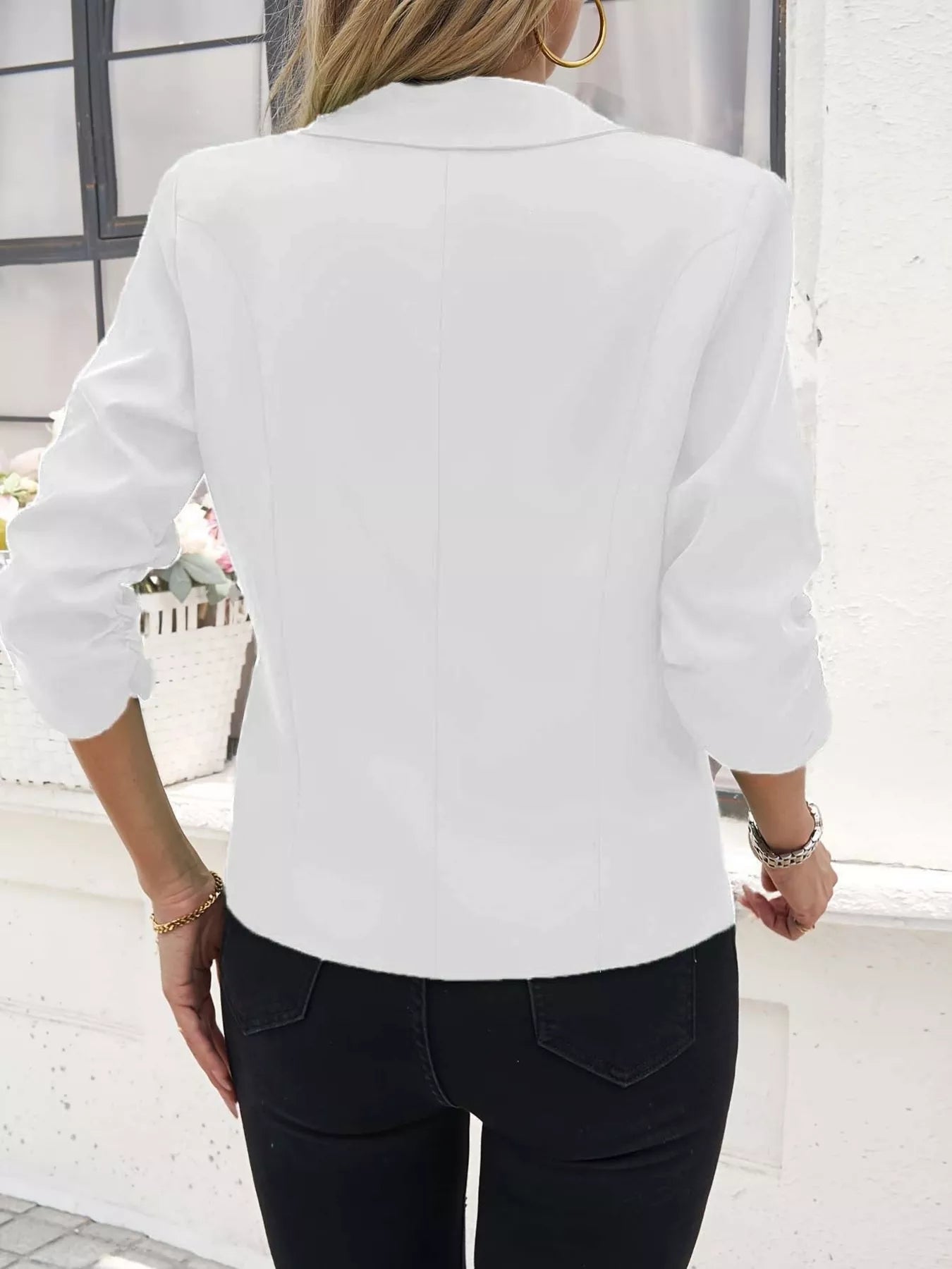 Plus Size Lapel Collar Blazer | Ruched Sleeve Jacket