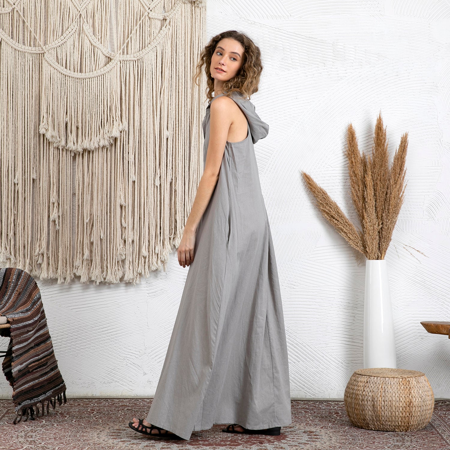 Linen Hoodie Sleeveless Kaftan Dress