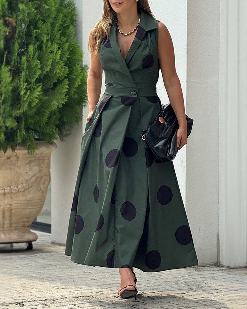 Fashion Lapel Polka Dot Sleeveless Dress