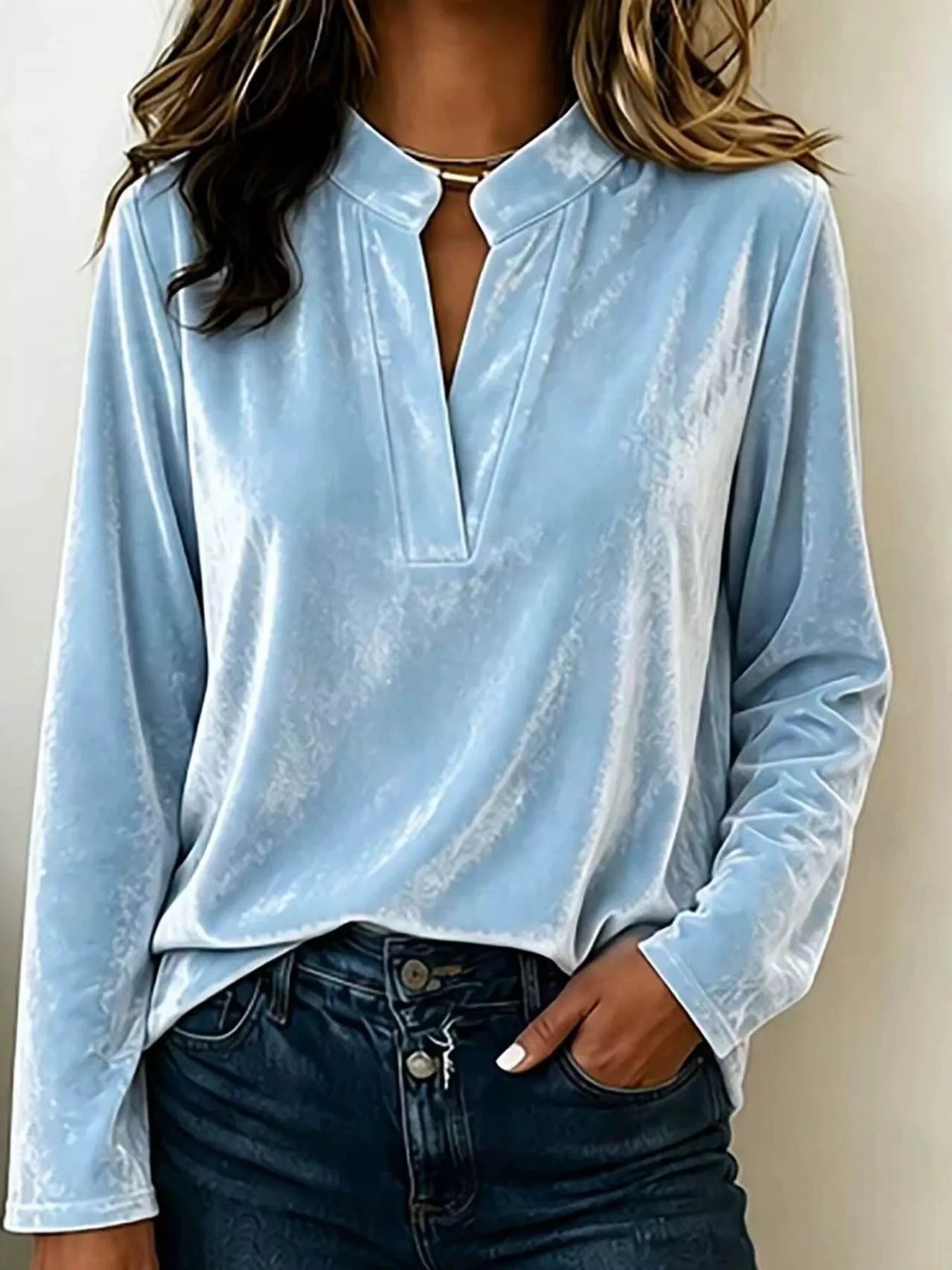 Plus Size Velvet Notched Long Sleeve Blouse
