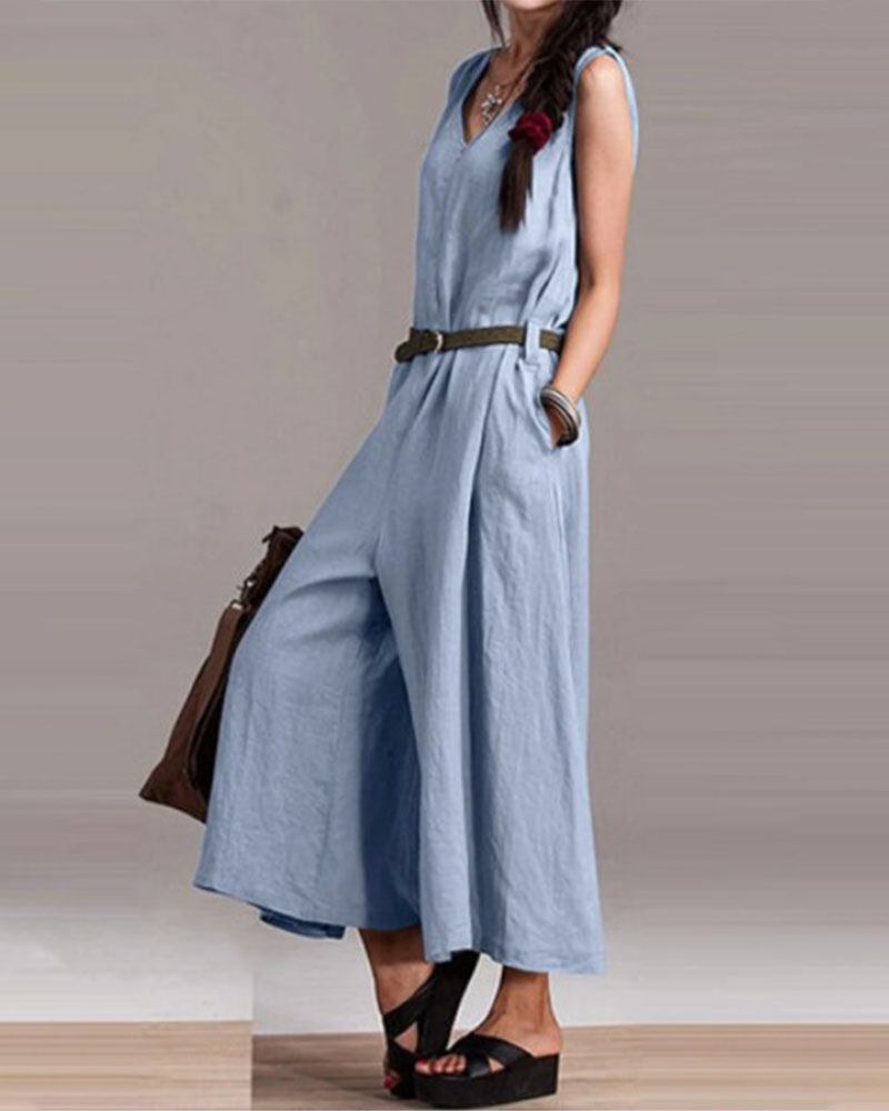 Women's Sleeveless V-Neck Cotton Linen Jumpsuit