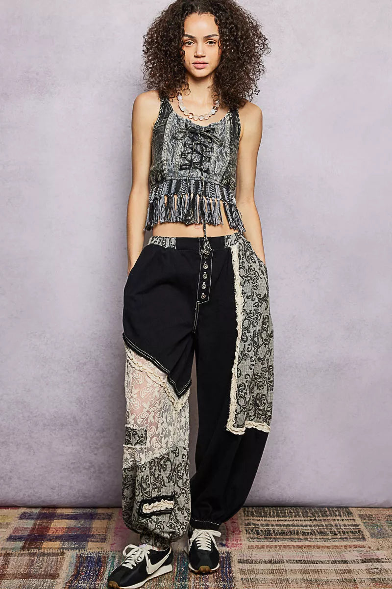 POL Lace-Up Fringe Hem Tank with Lace Detail