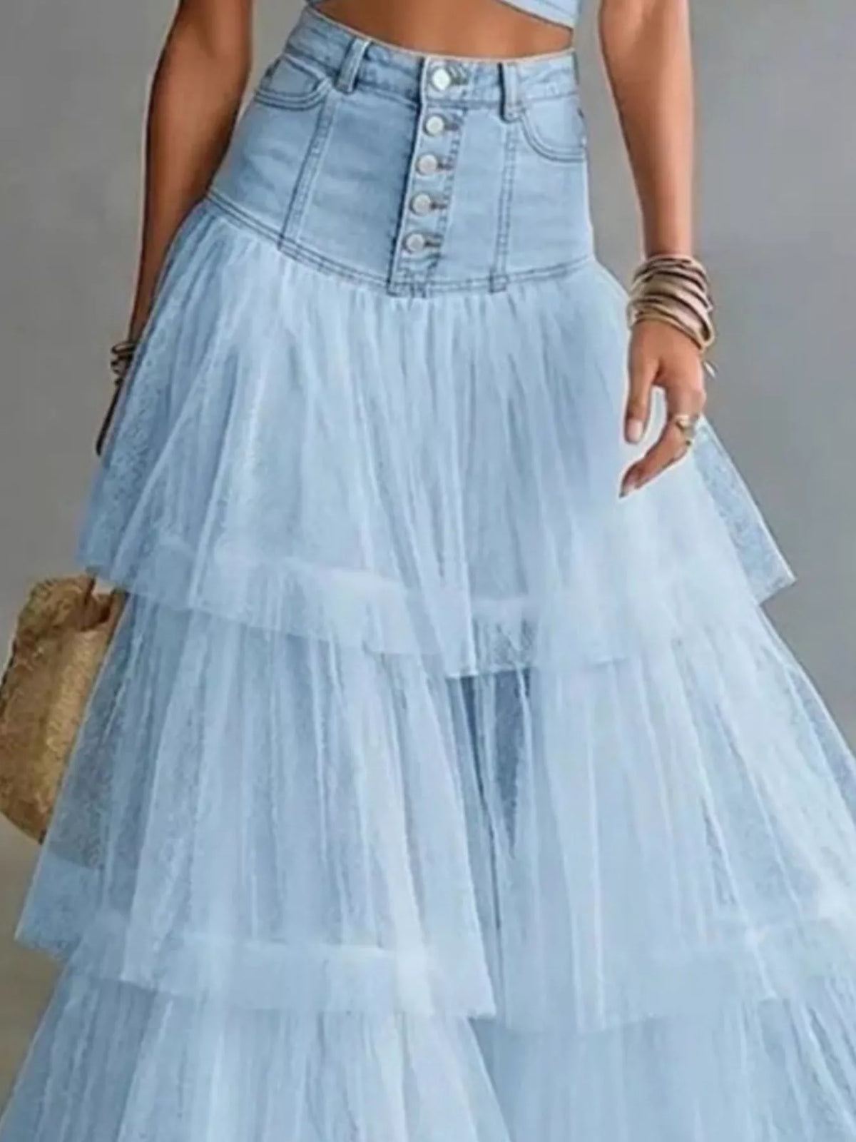 High-Waisted Button-Front Denim and Tulle Maxi Skirt