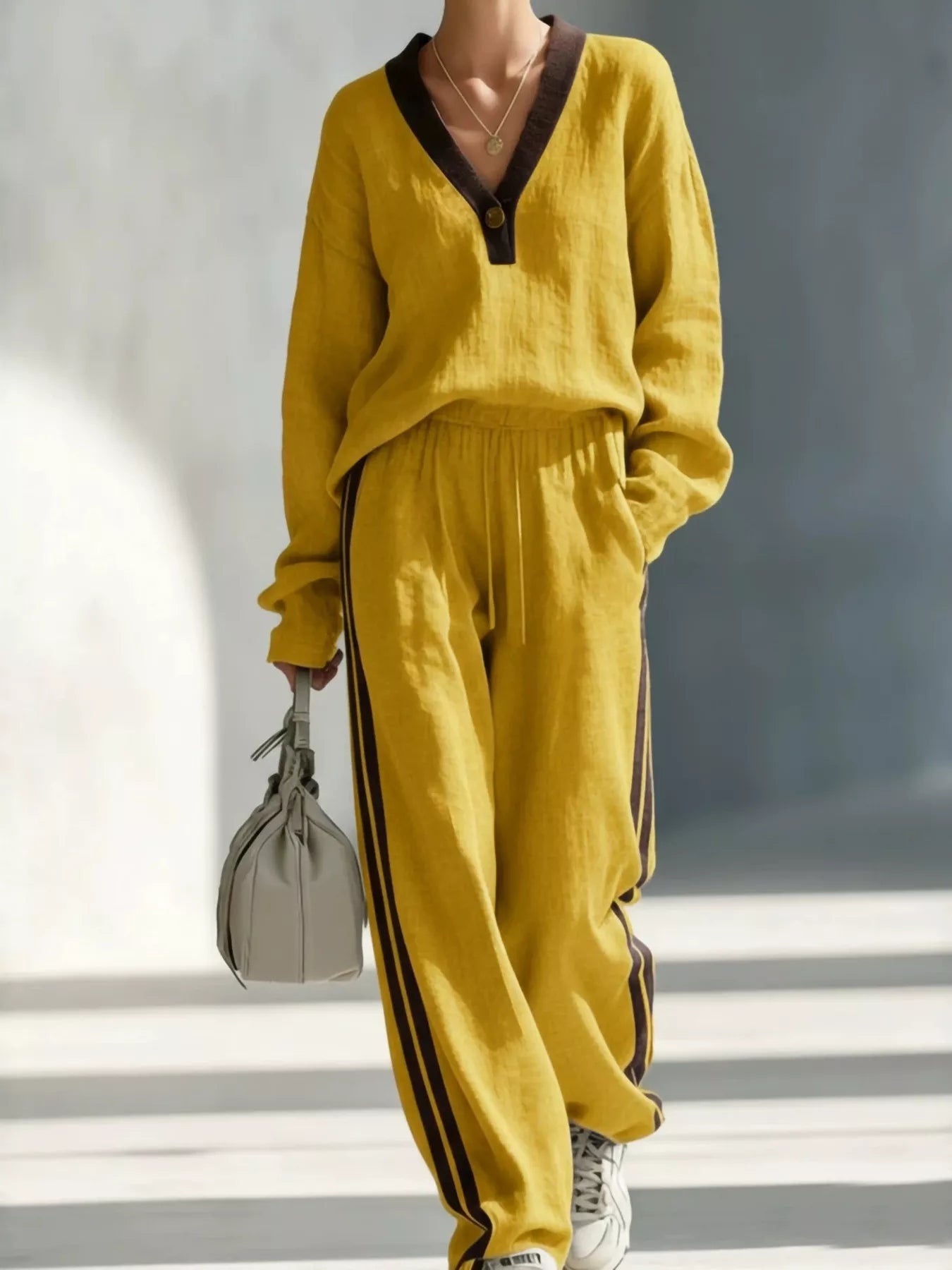 Contrast V-Neck Top and Striped Pants Set | Diva USA