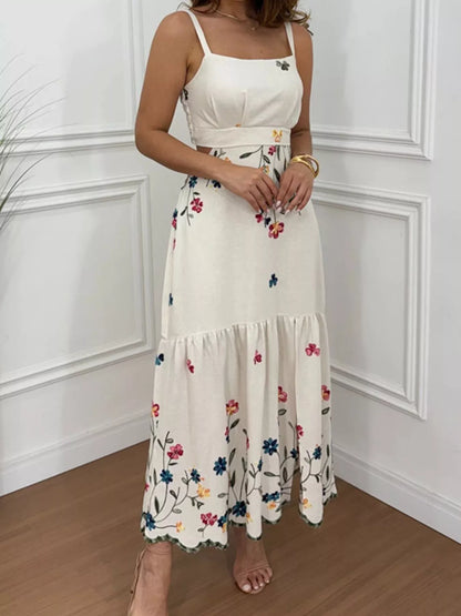 Floral Print Cutout Back Slit Hem Midi Dress