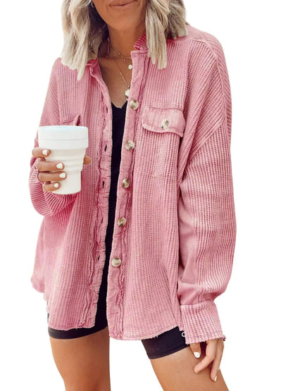 Oversized Waffle Knit Button-Up Jacket