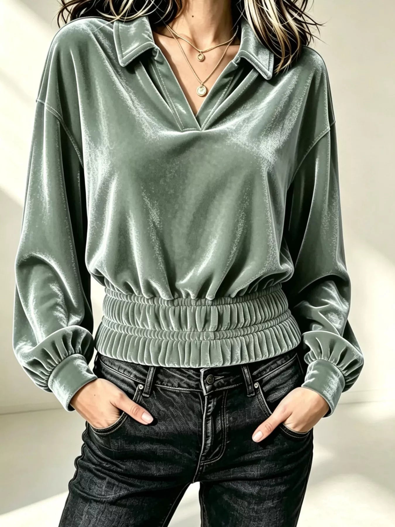 Velvet Johnny Collar Long Sleeve Blouse