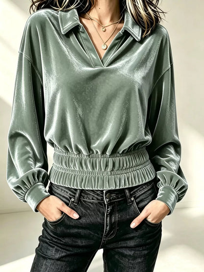 Velvet Johnny Collar Long Sleeve Blouse
