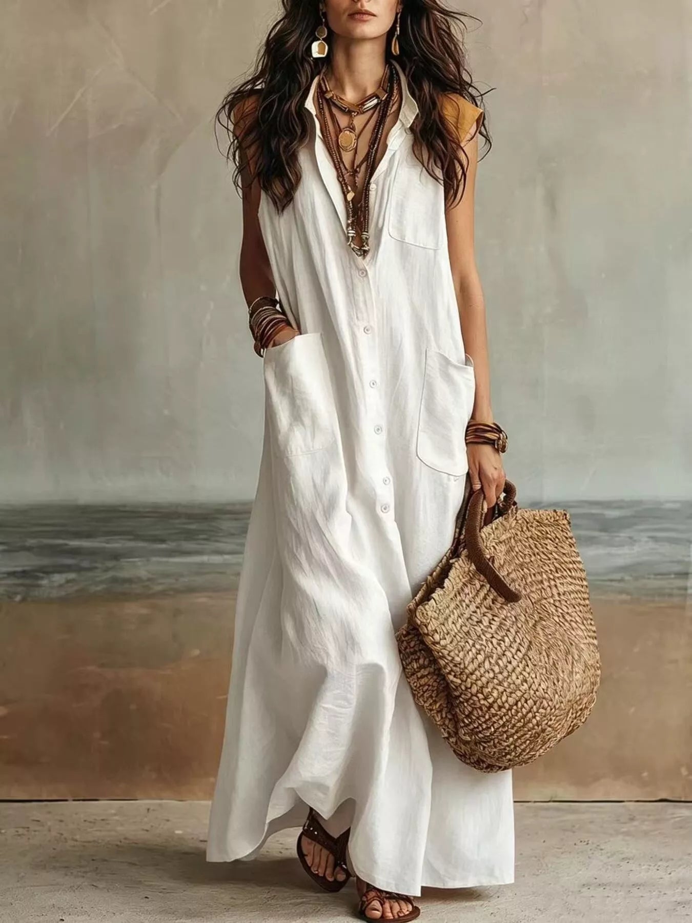 Sleeveless Button-Down Linen Maxi Dress
