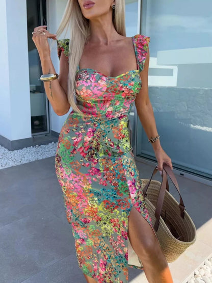 Midi-Kleid mit Schlitz und Herzausschnitt