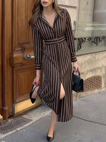 Striped Long Sleeve Belted Shirt Dress