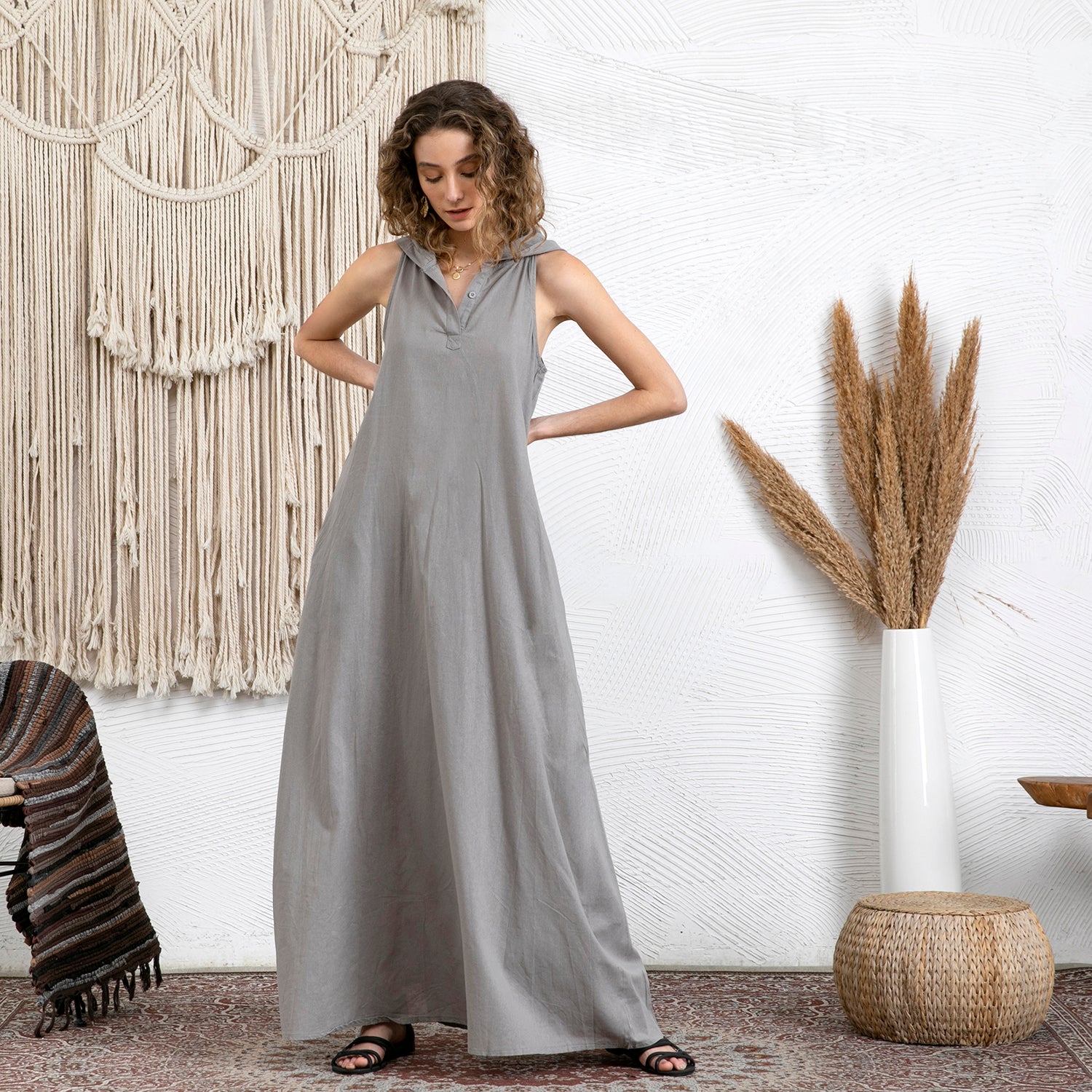 Linen Hoodie Sleeveless Kaftan Dress