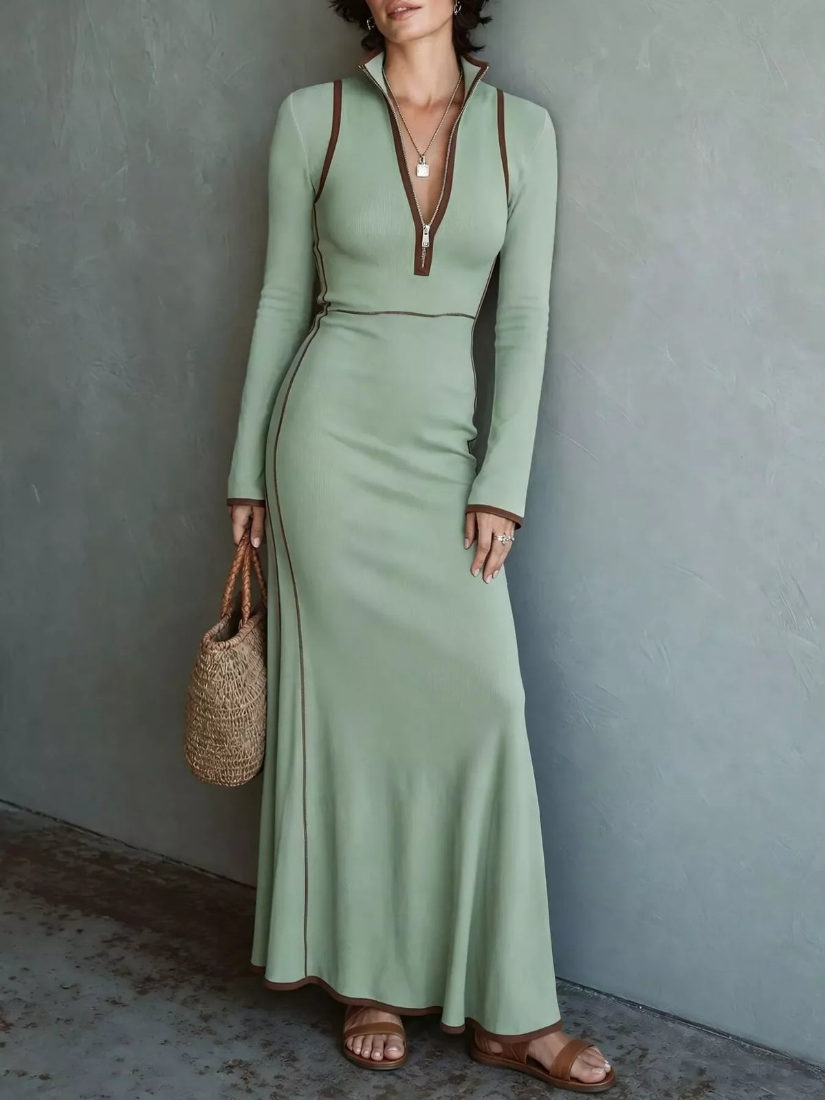 Full Size Contrast Trim Zip-Up Long Sleeve Knit Maxi Dress Plus Size