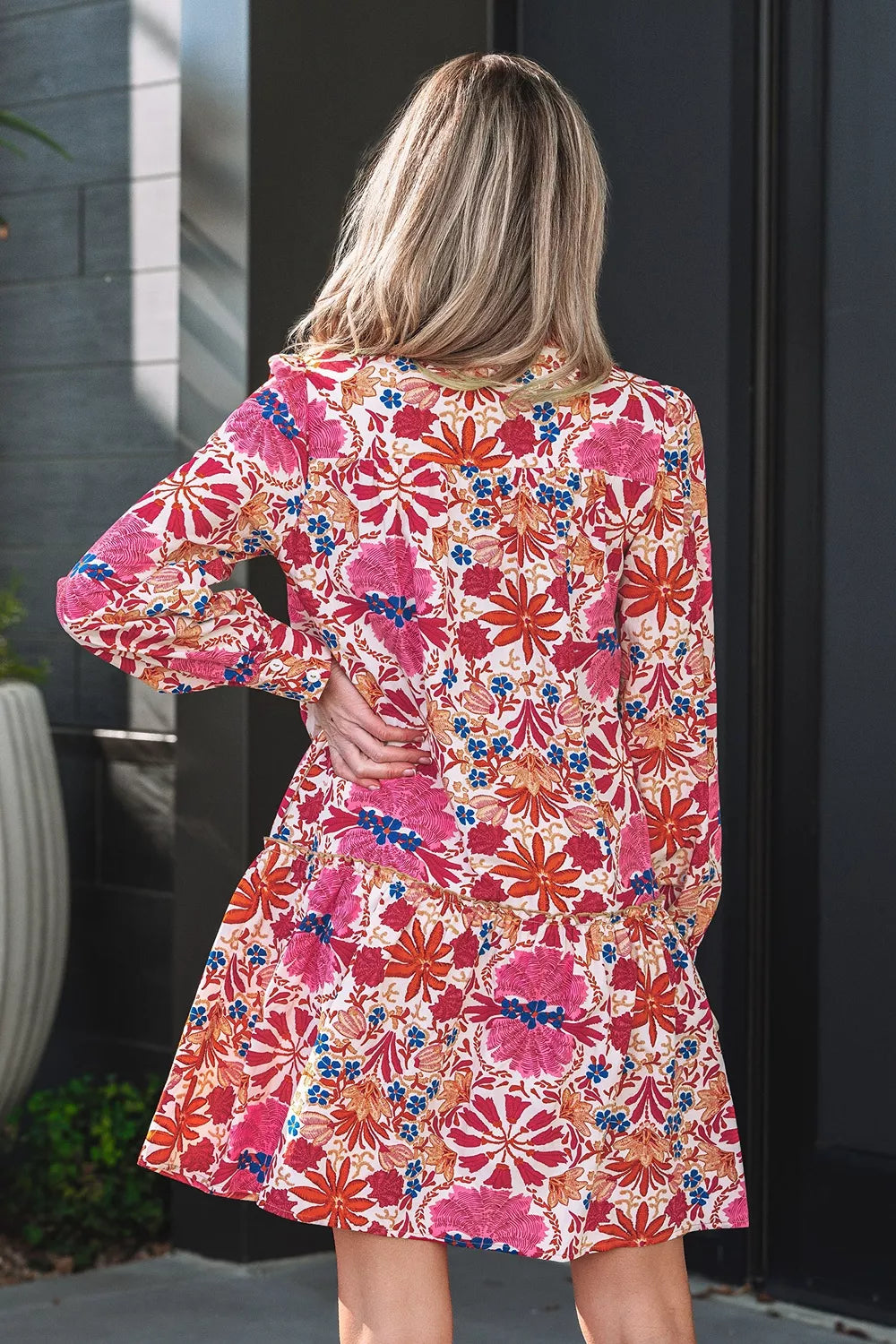 Fall Flower Print Long Sleeve Mini Dress