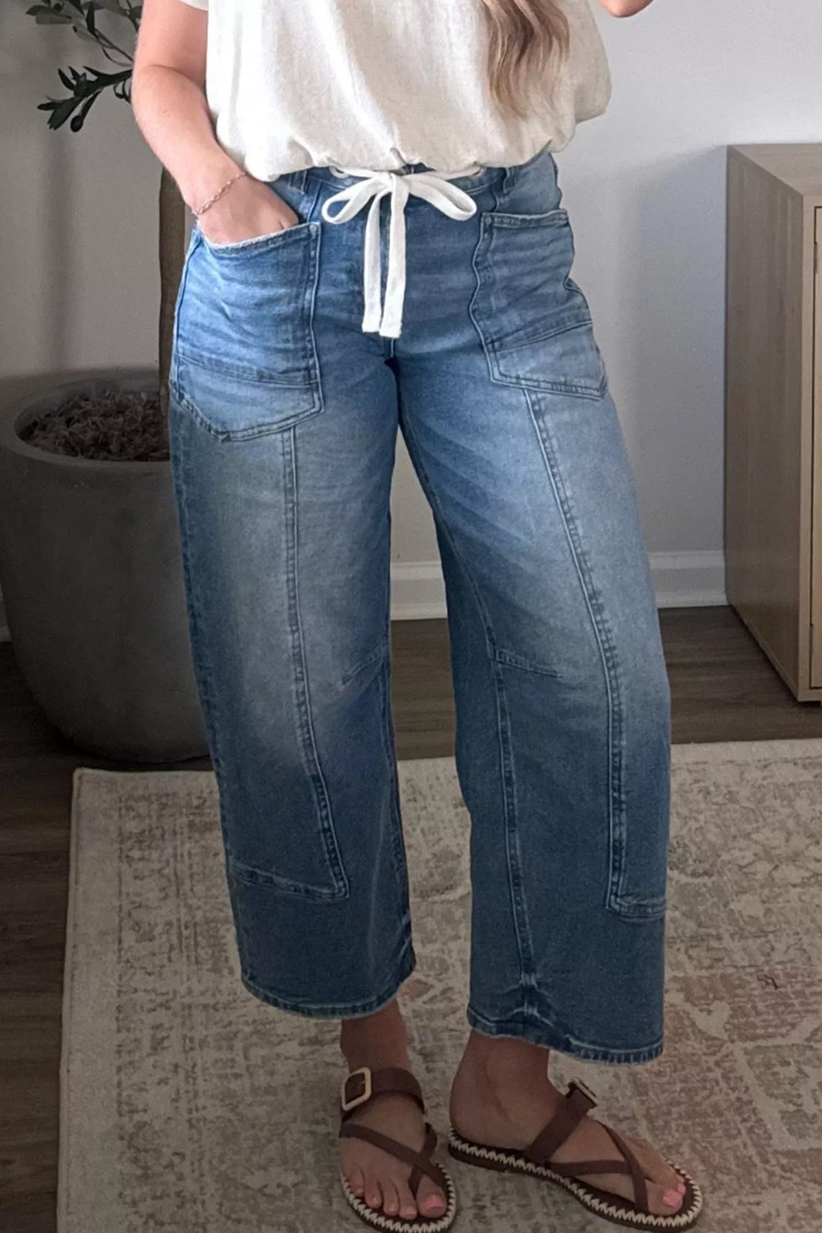 Solid Patchwork Grommet Tie Waist Loose Ankle-Length Jeans