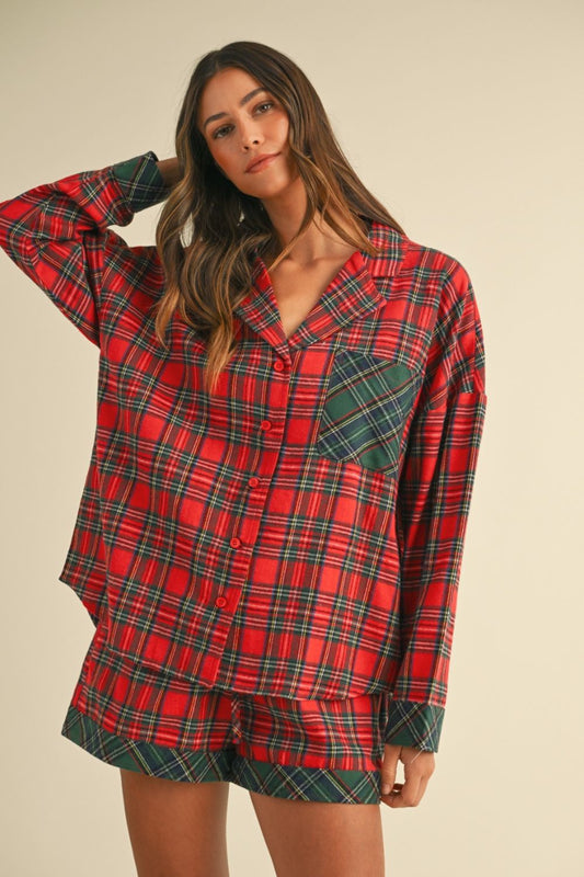 Blue Zone Planet | Annie Wear Contrast Plaid Long Sleeve Top And Shorts Pajama Set