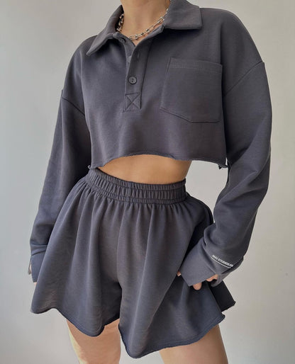 Short Casual Cardigan Top Drawstring Shorts Suit