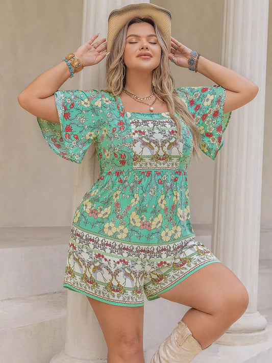 Plus Size Floral Print Square Neck Romper