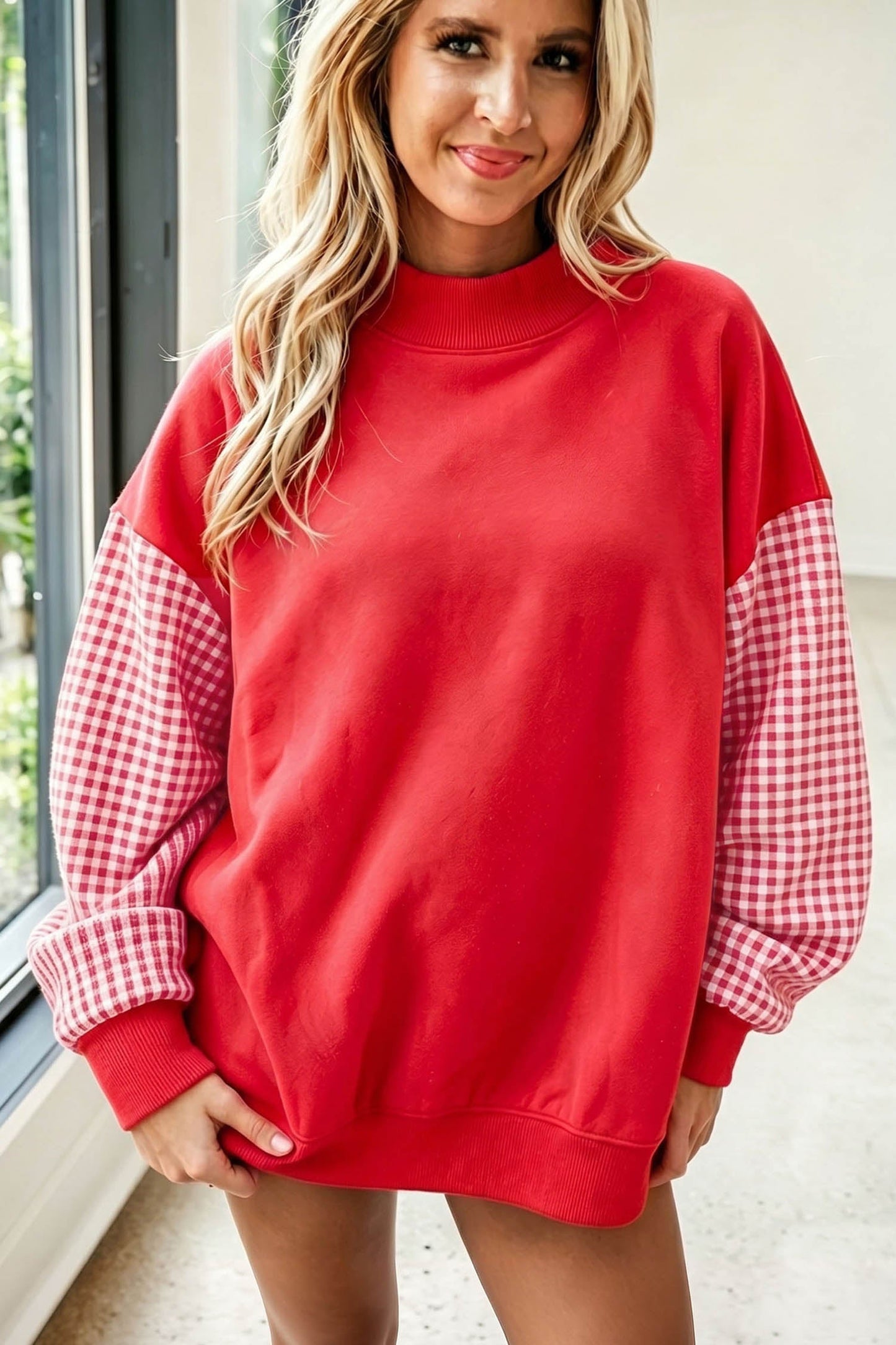 Evergreen Plaid Sleeve Colorblock Loose Tunic Sweatshirt