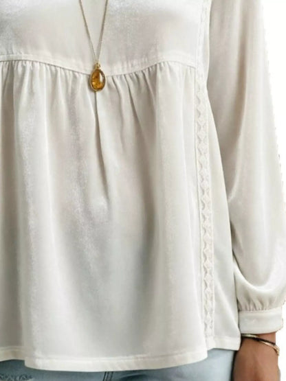 Full Size V-Neck Long Sleeve Velvet Blouse with Lace Trim Plus Size