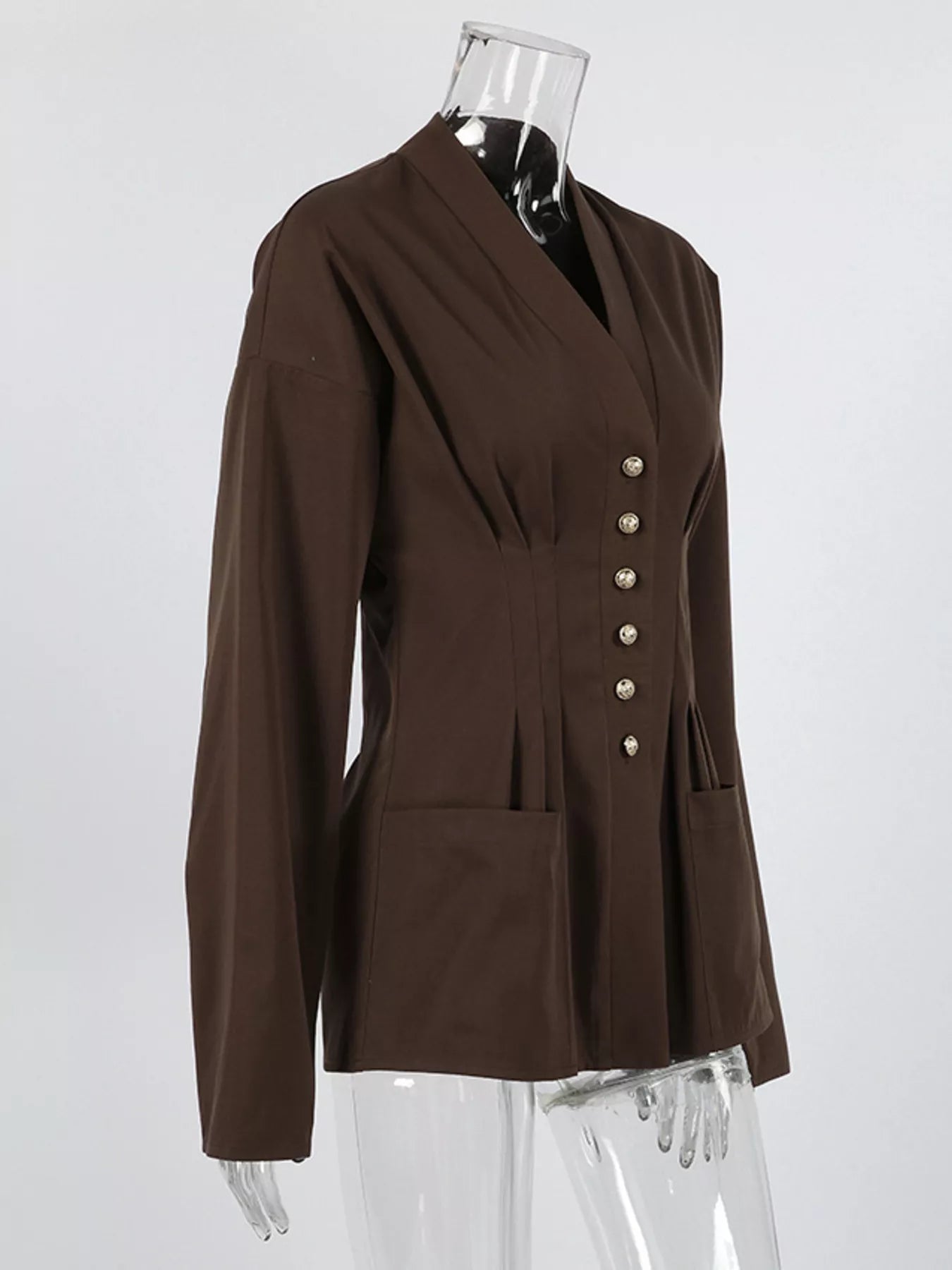 Pleated Waist Blouse with Button Detail