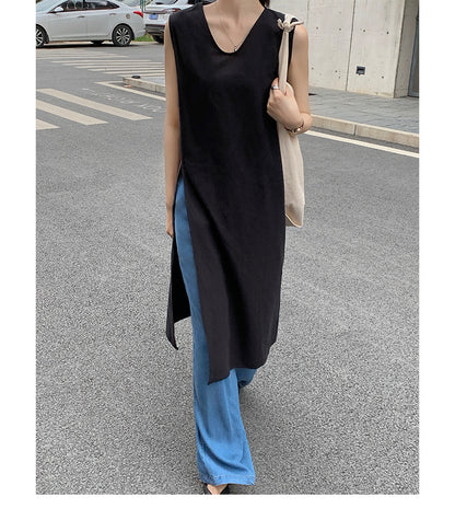 Simple Sleeveless Linen Long Shirt