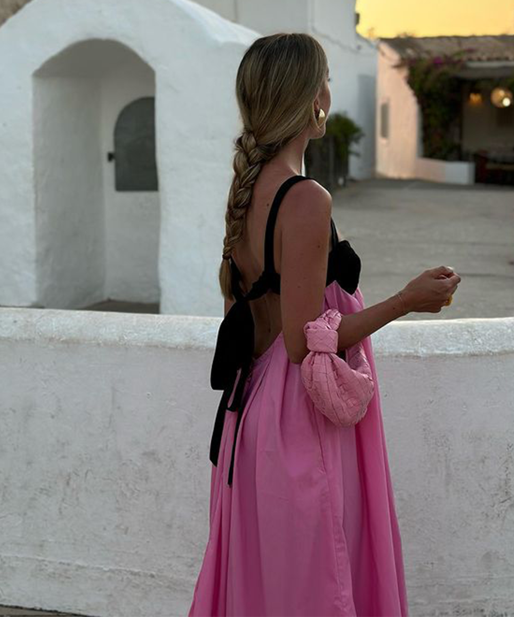 Black & Pink Color Contrast Design Maxi Dress