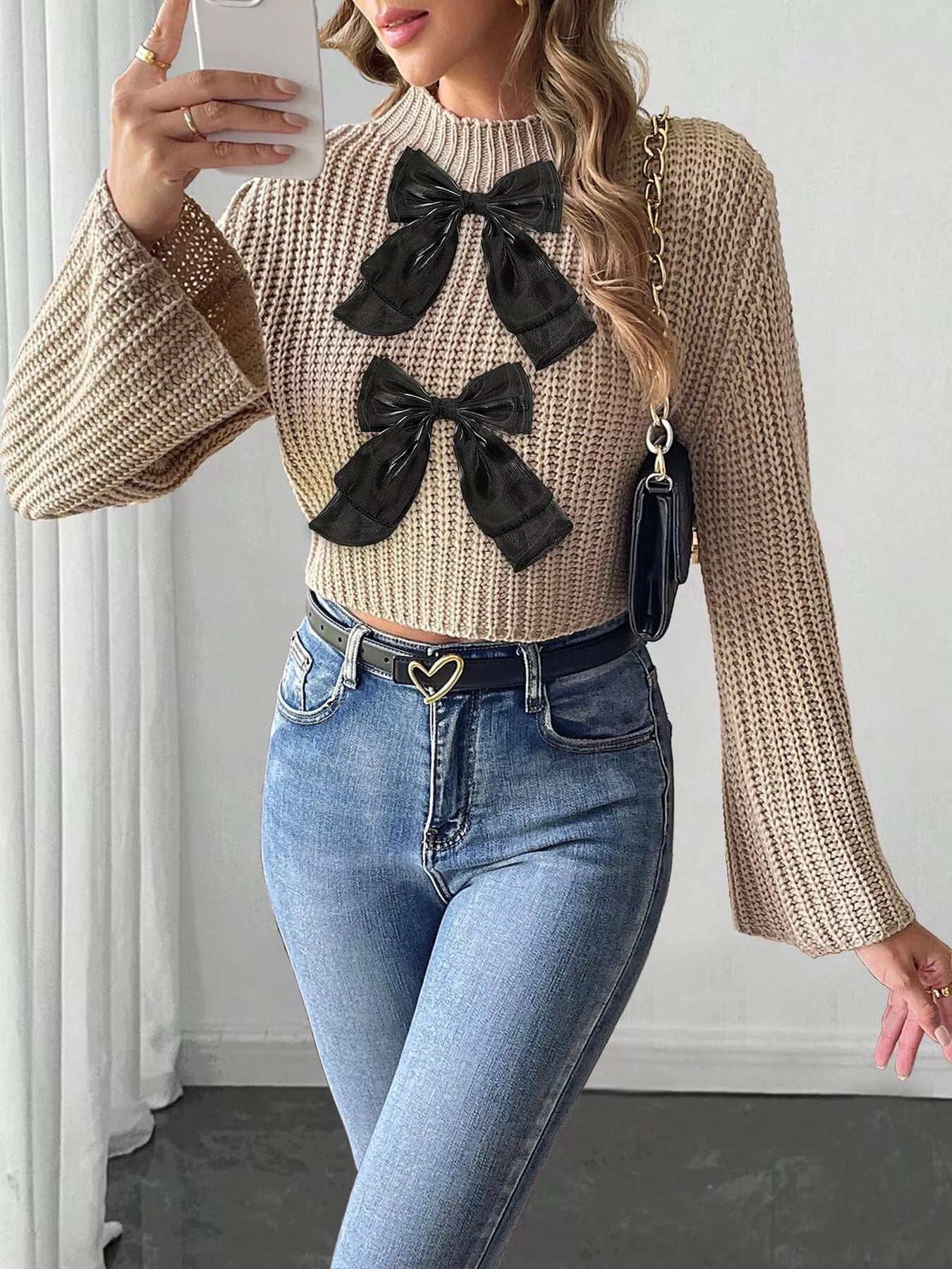 Bow-Decorated Mock Neck Cropped Sweater